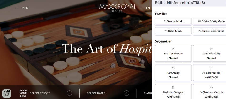 Binclusive erişilebilirlik menüsü açık Maxx Royal otel web sitesi