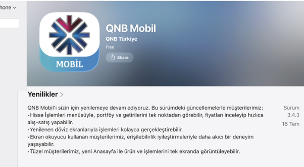 QNB Mobile's App Store release notes state that accessibility improvements provide a smoother experience for customers who use screen readers.