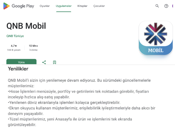 QNB Mobile's Google Play release notes describe font-size and color-contrast updates, screen reader improvements, and an ongoing commitment to sustainable accessibility.