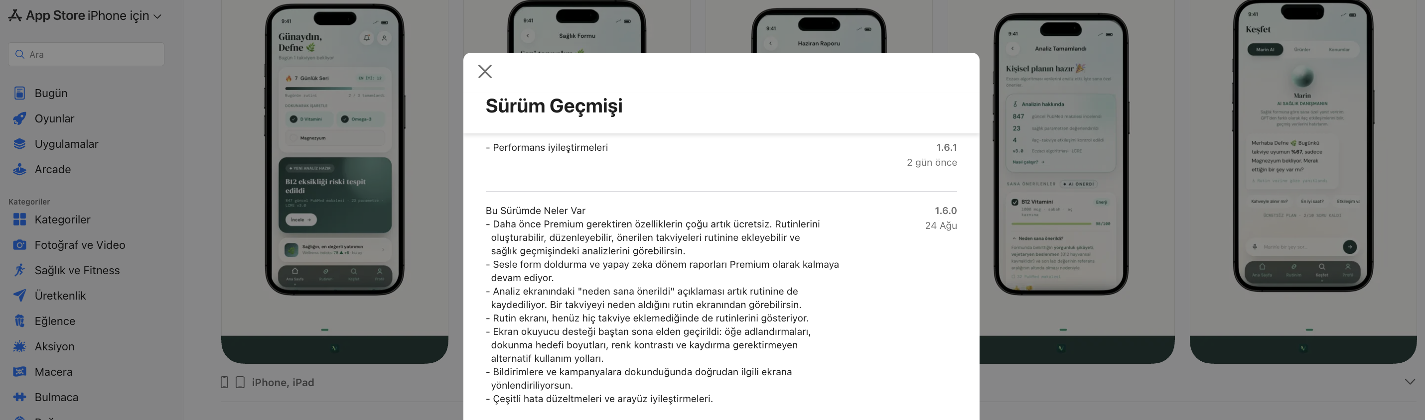 Vitsupp'ın App Store sürüm geçmişinde ekran okuyucu desteğinin yeniden ele alındığı; öğe adlandırmaları, dokunma hedefleri, renk kontrastı, gereksiz öğelerin atlanması ve alternatif kullanım yollarının iyileştirildiği açıklanıyor.