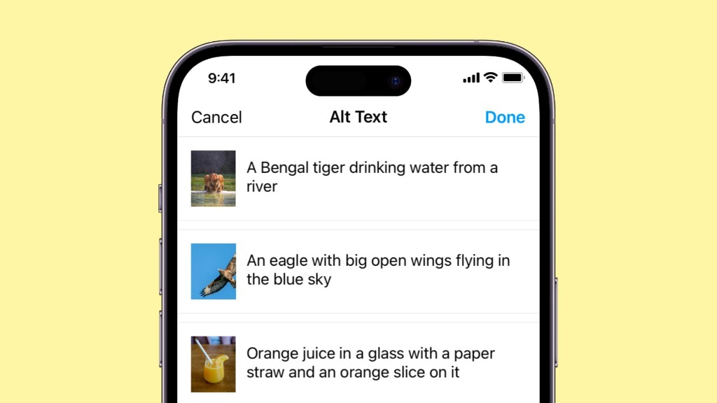 Mobile Alt Text interface showing short descriptions for a Bengal tiger, an eagle, and orange juice.