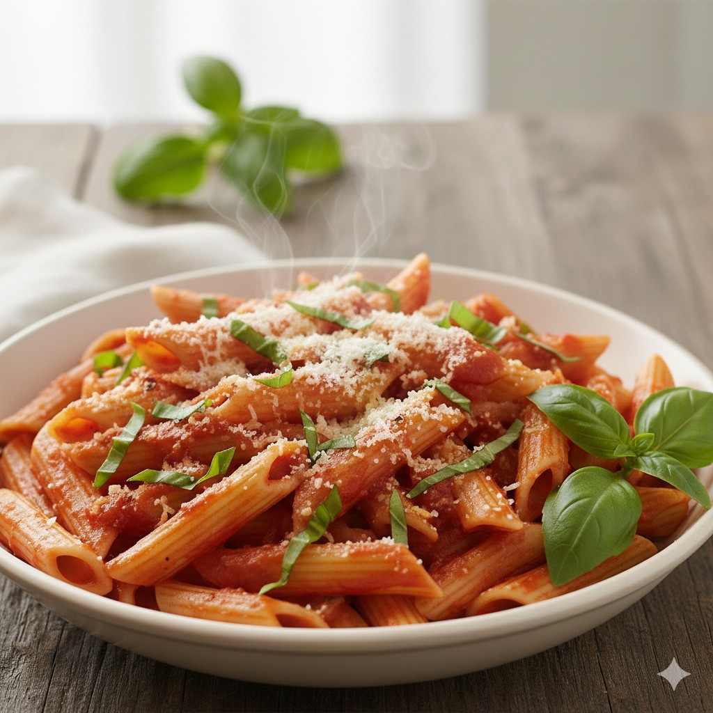 Penne pasta with tomato sauce garnished with fresh basil leaves and grated parmesan cheese.