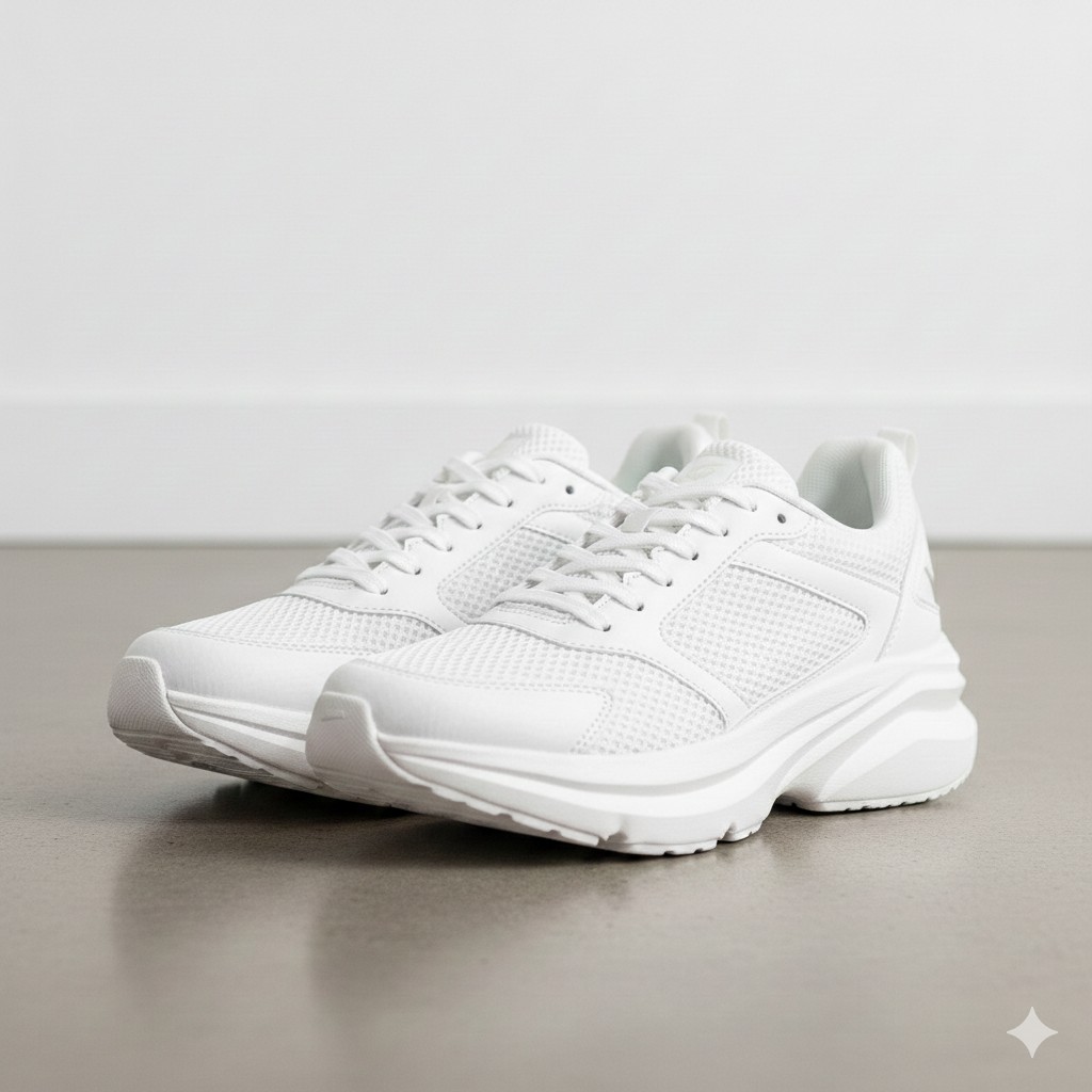 White running shoe with a breathable mesh upper and high sole support.